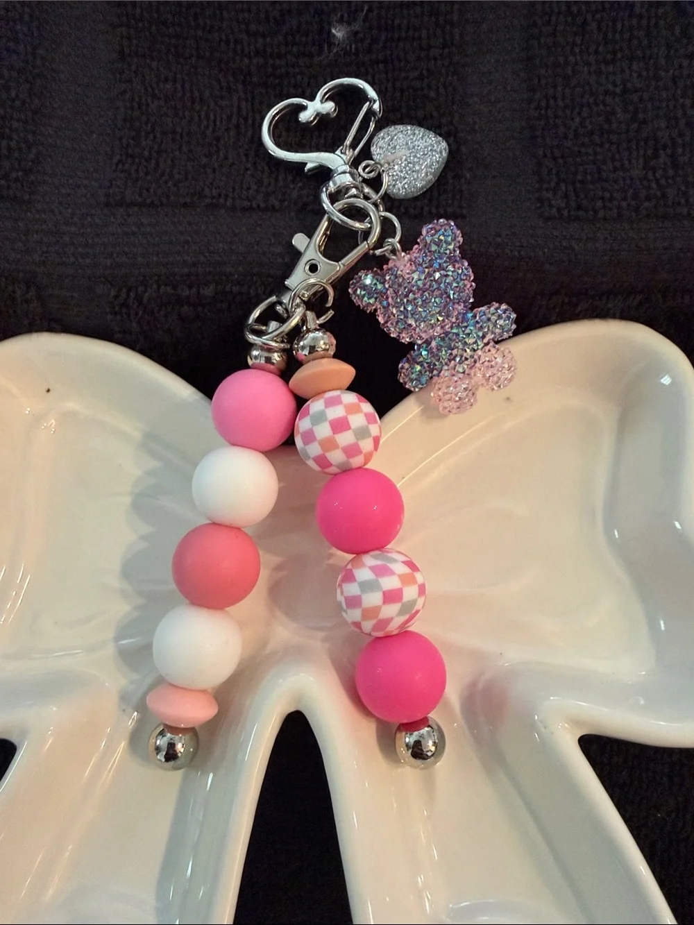 Pink Beaded Teddy Keychain & Card Holder Charm